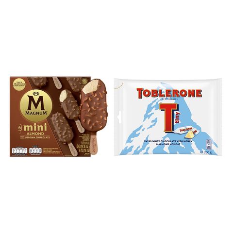 Magnum Mini Almond Ice Cream Stick 6 x 45ml & Toblerone White Chocolate Sharebag 200g Bundle