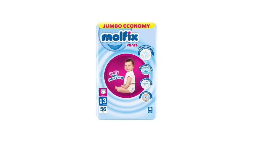 Molfix Diaper Pants Extra Large Midi Jumbo Pack Size 3 (6-11kg) 56 Pcs