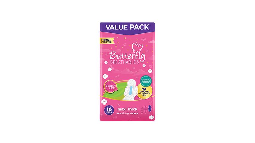 Butterfly Maxi Thick Cottony Value Long Pads (Pack Extra) 16 Pieces