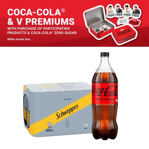 Schweppes Soda Water 12 x 320ml (Carton) + Coca-Cola Zero Sugar 1.5L with FREE BTS V Sticker Set (6 Pieces) & Tin Case