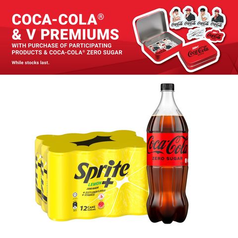 Sprite Lemon+ Zero Sugar 12 x 320ml (Carton) + Coca-Cola Zero Sugar 1.5L with FREE BTS V Sticker Set (6 Pieces) & Tin Case