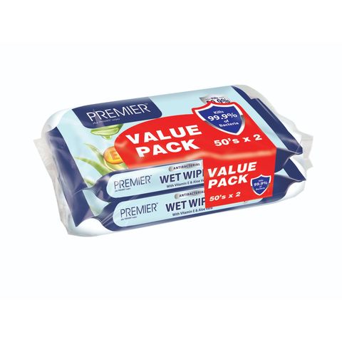 Premier Antibacterial Wet Wipes 2 x 50s