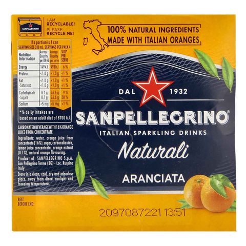 San Pellegrino Aranciata Sparkling Beverage 4 x 330ml (Recyclable)
