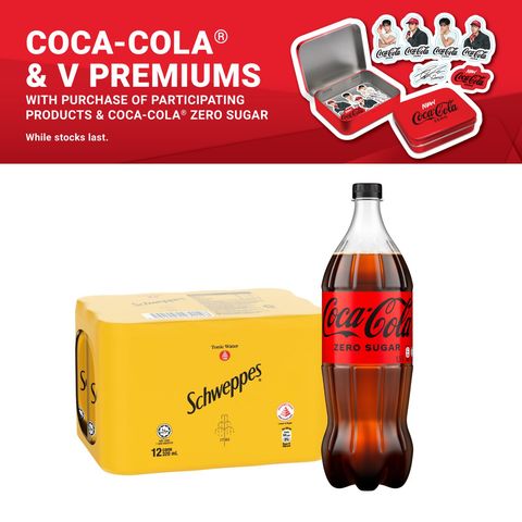 Schweppes Tonic Water 12 x 320ml (Carton) + Coca-Cola Zero Sugar 1.5L with FREE BTS V Sticker Set (6 Pieces) & Tin Case