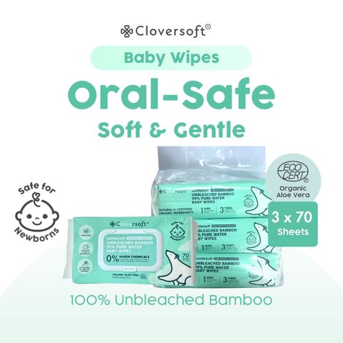 Cloversoft Unbleached Bamboo Pure Water Organic Baby Wipes 3 x 70s