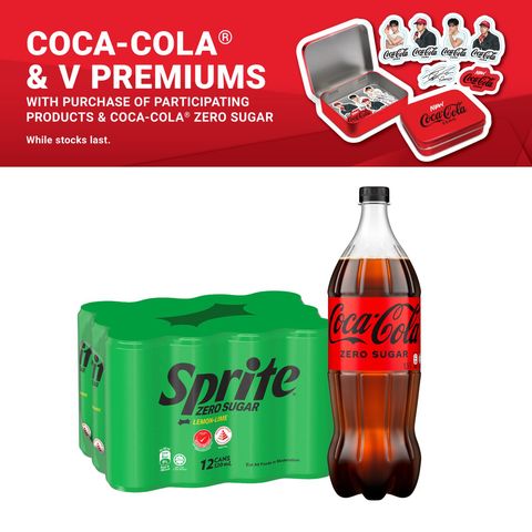 Sprite Zero Sugar 12 x 320ml (Carton) + Coca-Cola Zero Sugar 1.5L with FREE BTS V Sticker Set (6 Pieces) & Tin Case