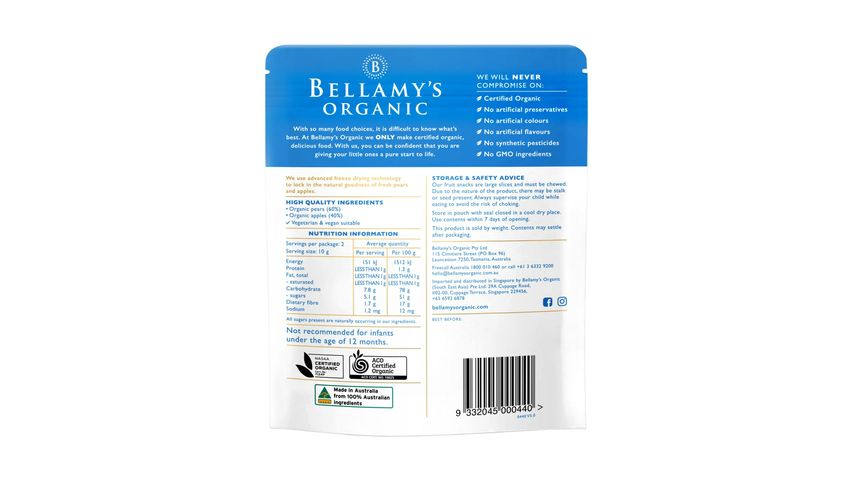 Bellamy's Organic Pear & Apple Snacks (12+ Months) 20g