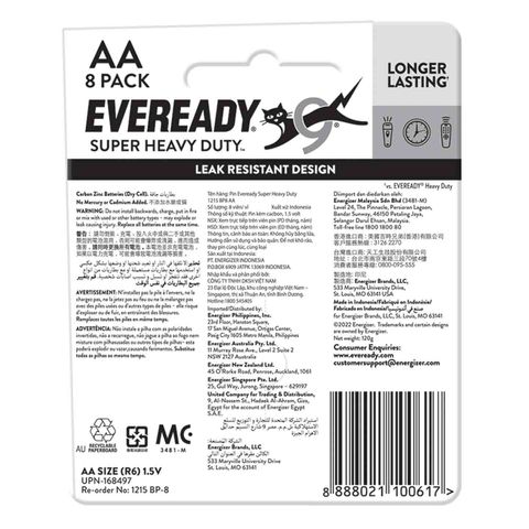 Eveready Super Heavy Duty AA Batteries 8s