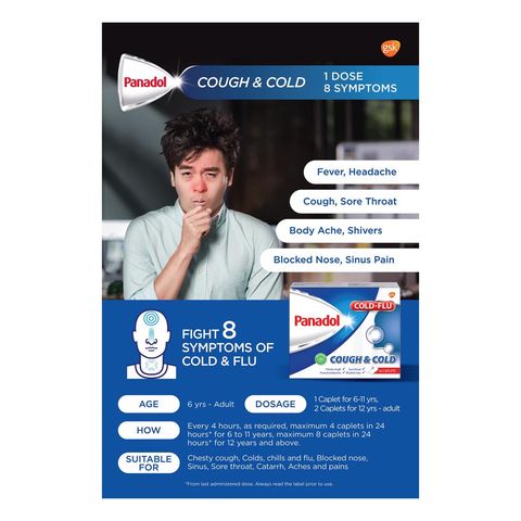 Panadol Cough and Cold, Fast and Effective Multi Symptom Relief for Cold and Flu, Cough, Sore Throat 16pcs