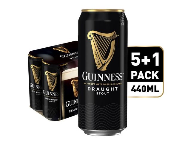 Guinness Draught Stout Beer Can 440ml (Pack of 5 + 1 FREE Can)