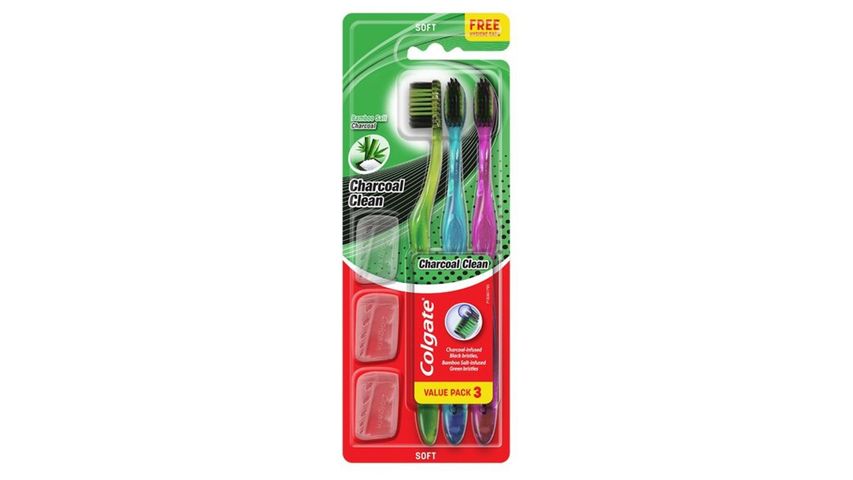 Colgate Toothbrush Charcoal Clean 3pc Value Pack With Caps (Soft)