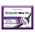 Strepsils Sore Throat Lozenges Max Triple Action Blackcurrant 6 Pieces | 50850