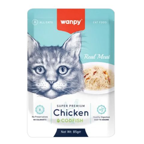 Wanpy Cat Wet Food for Adult Cats with Chicken and Codfish in Pouches 85g