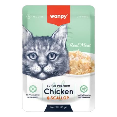 Wanpy Cat Wet Food for Adult Cats with Chicken and Scallop Pieces in Pouches 85g