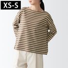女有機棉粗織天竺船領七分袖T恤摩卡棕橫紋 XS-S #4550344778715