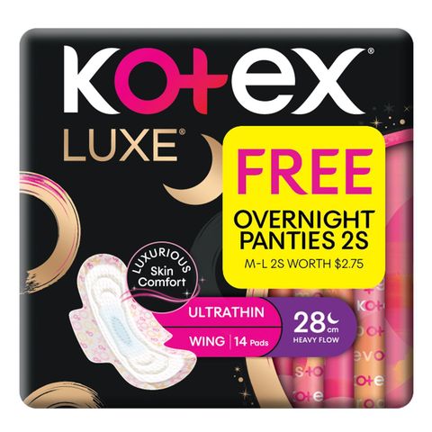 Kotex Luxe Ultrathin Wing Night Sanitary Pads 28cm (Free Overnight Panties 2 Pieces) 14 Pieces