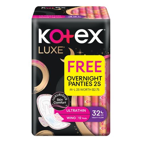 Kotex Luxe Ultrathin Wing Night Sanitary Pads 32cm (Free Overnight Panties 2 Pieces) 12 Pieces