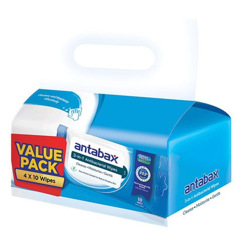Antabax Antibacterial Cleansing Wipes Value Pack 4 x 10 Pieces
