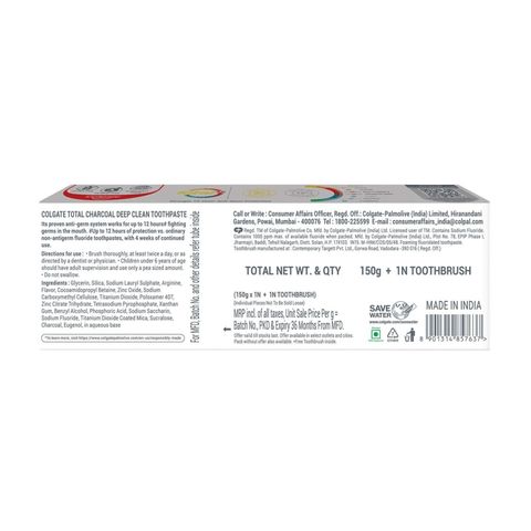 Buy Colgate Total Charcoal Clean Toothpaste 150g & Get Free Toothbrush 1 Piece