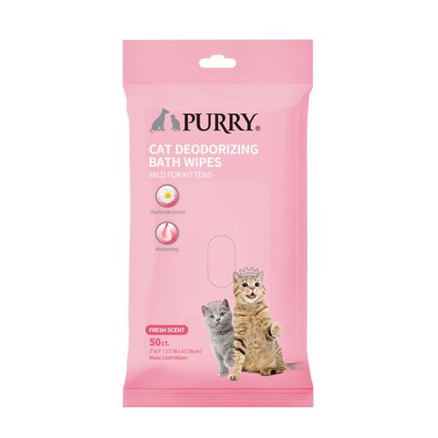 Purry Mild Deodorizing Bath Wipes for Cats and Kittens 50 Pieces