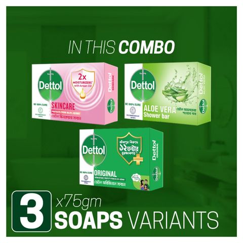 Dettol Bathing Soap Proskin Pack of 3 Original Fresh & Aloe Vera 75g