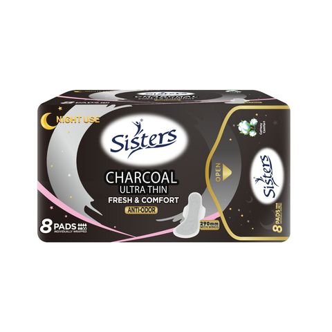 Sisters Charcoal Ultra Thin Night Use (290mm) with Wings 8 Pieces