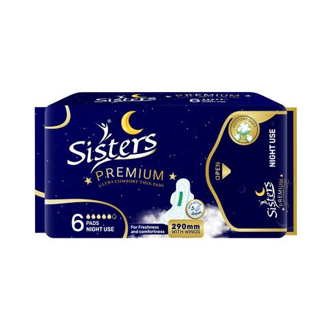 Sisters Premium Ultra Thin Night Use (290mm) with Wings 6 Pieces